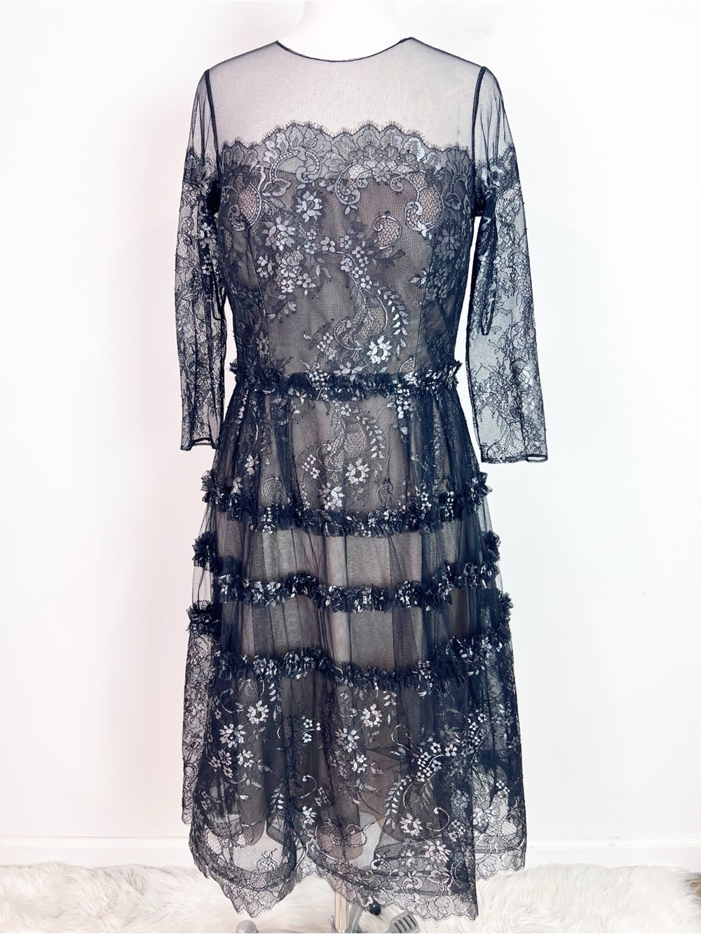 RICKI FREEMAN TERI JON BLACK LACE 3/4 SLEEVE COCKTAIL PARTY DRESS SZ 8